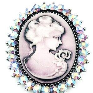 PURPLE CAMEO BROOCH WITH PINK AURORA BOREALIS CRYSTAL GLASS RHINESTONE PERIMETER